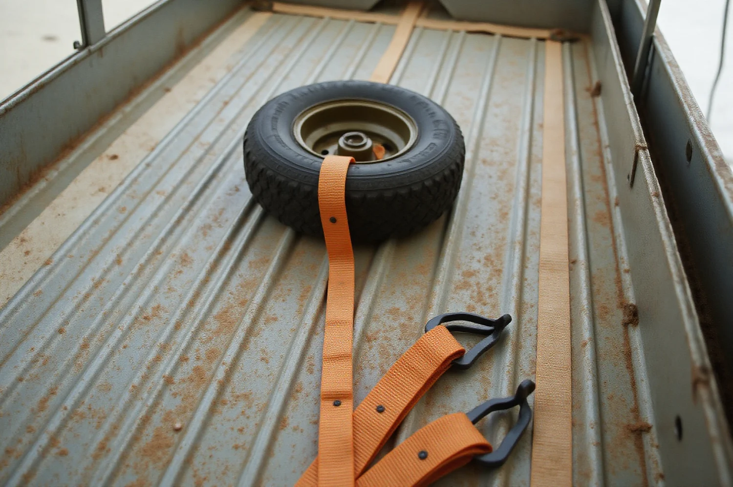 Ratchet straps and a wheel chock on a steel trailer deck