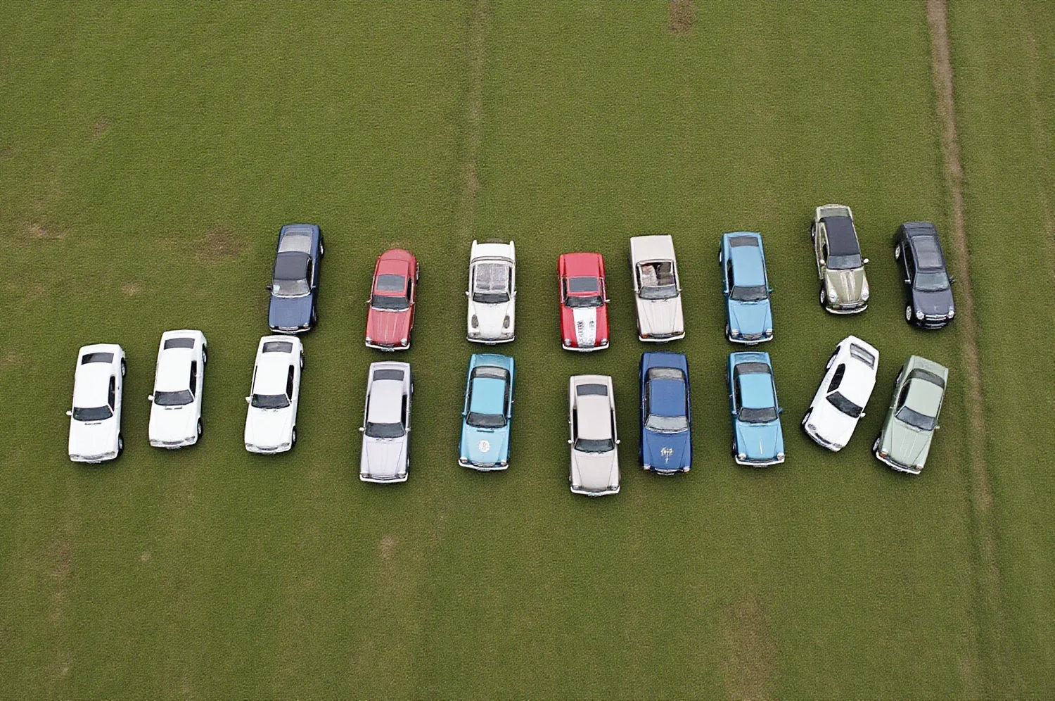 Classic cars parked in rows on grass, seen from directly above