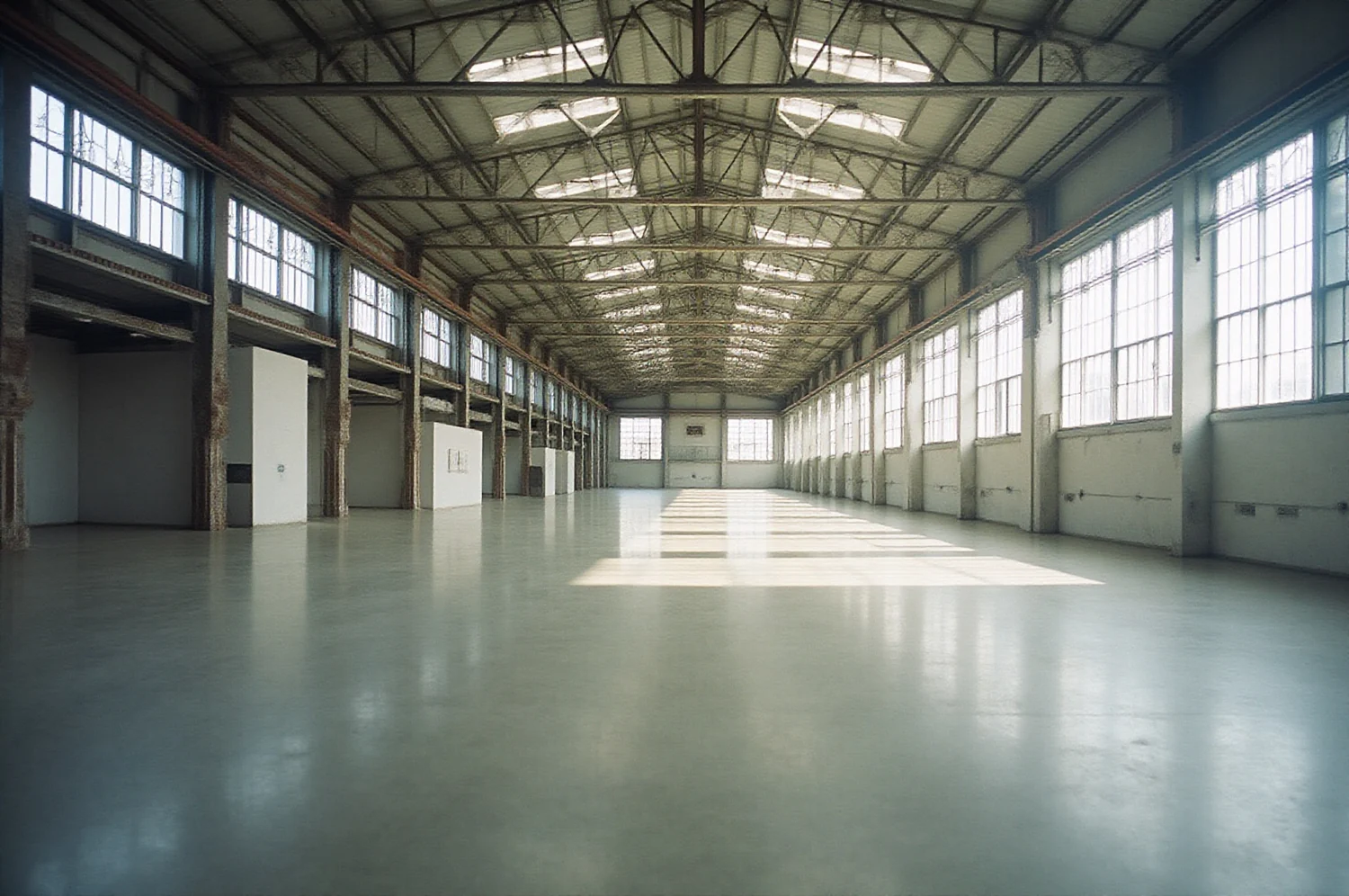 The empty interior of an exhibition hall with roof trusses