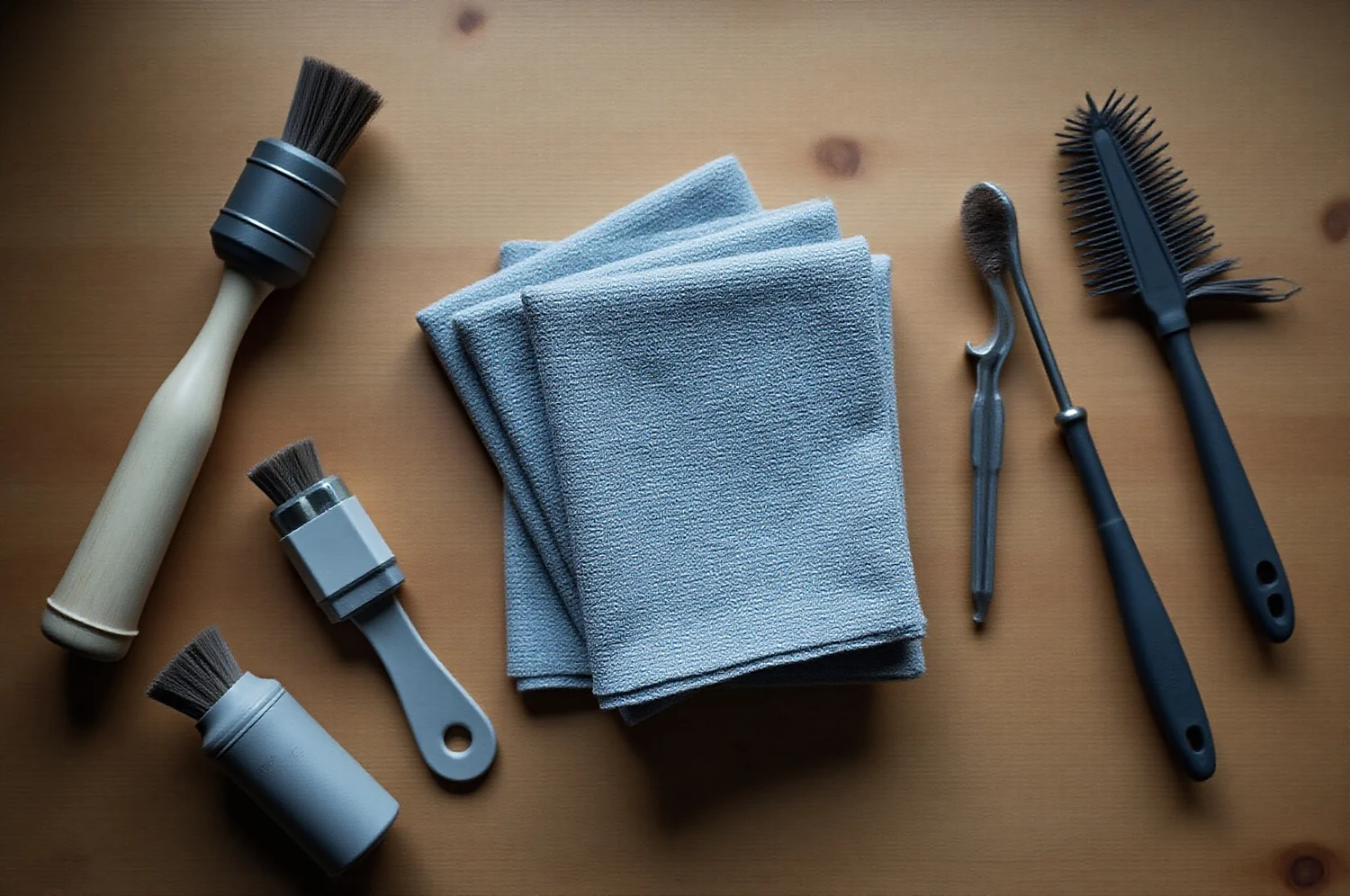 Cloths, brushes and a torch laid out on a workbench, seen from above