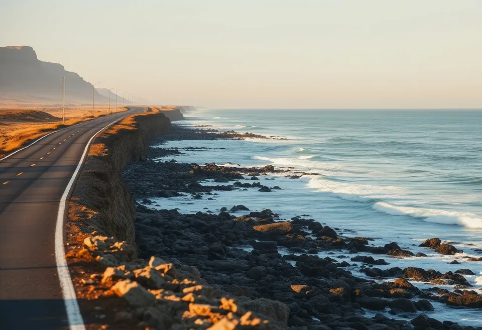 A coastal road with broken tar at the edges running towards the Indian Ocean.