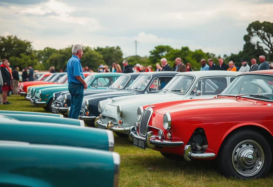 A restored car on a concours lawn with the bonnet raised for inspection.