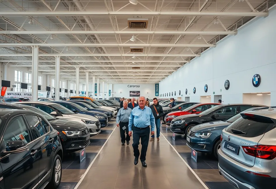 Visitors sitting in display cars in a show hall, notebooks in hand.