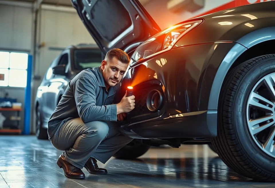 A torch and a paint-thickness gauge held against a rear quarter panel.