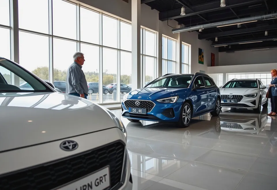 A used-car forecourt on a Saturday morning before the cars were washed.