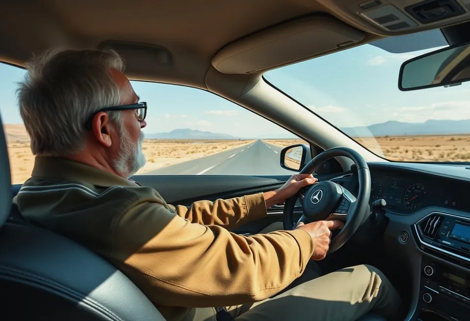 A driver and a passenger on a structured test drive, windows down, radio off.